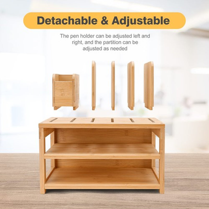 Bamboo Desk Organizer with File Holder Office Organization for Desks Adjustable