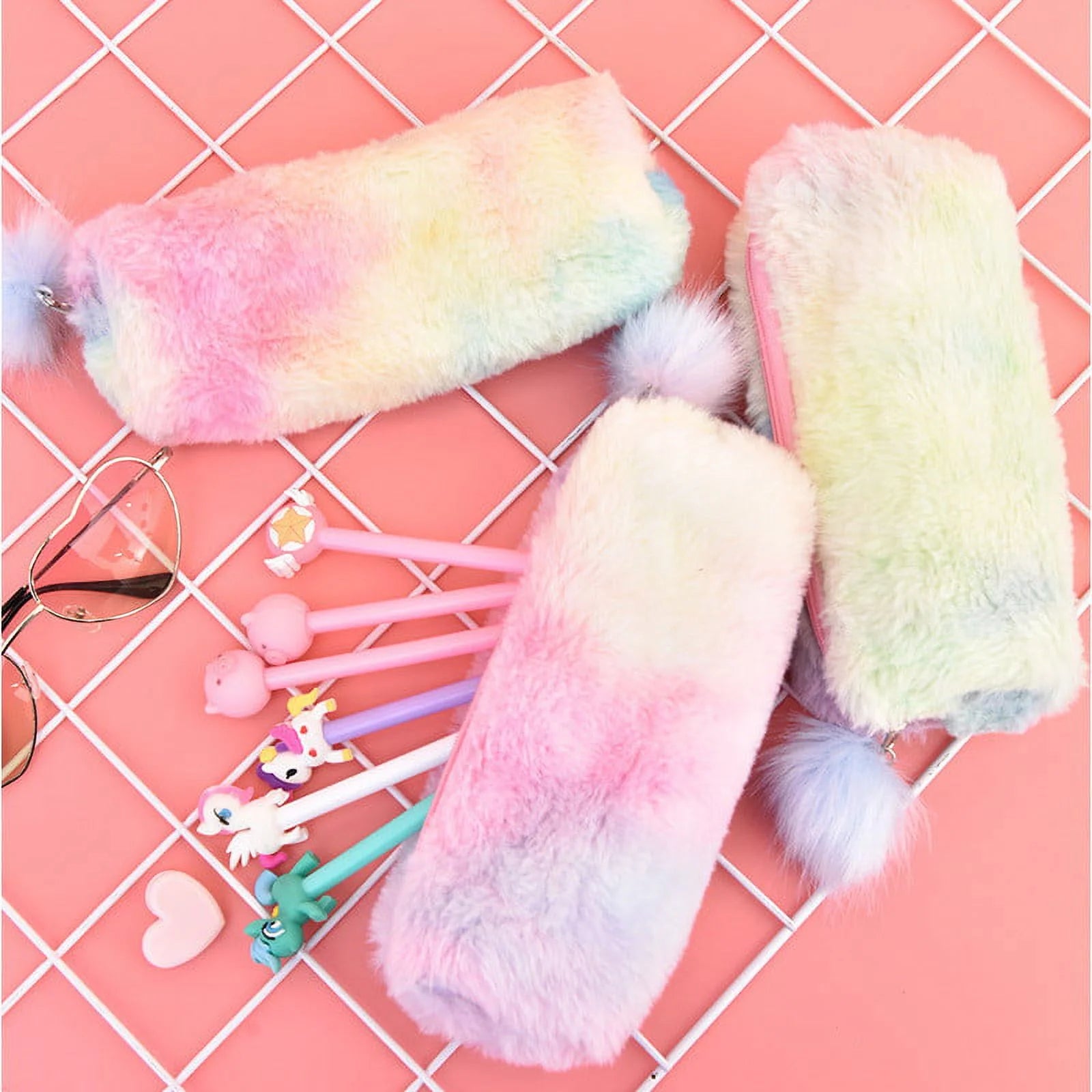 Back to Supplies, Gradient Bag Pouch Capacity Pencil Case Zipper Stationery Fleecy Hairball Large Office & Stationery Pencil Box,Pencil Case Bag