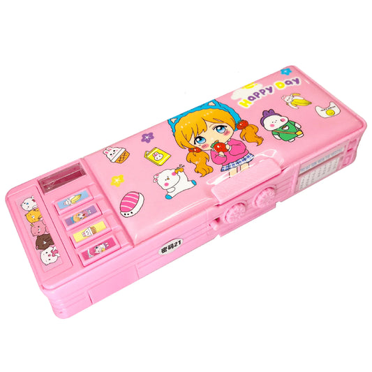 Pop up Multi Function Pencil Case (6-12), Cute Cartoon Pencil Box with Sharpener, Schedule, Whiteboard(Pink-Happy Day, with Password Lock)