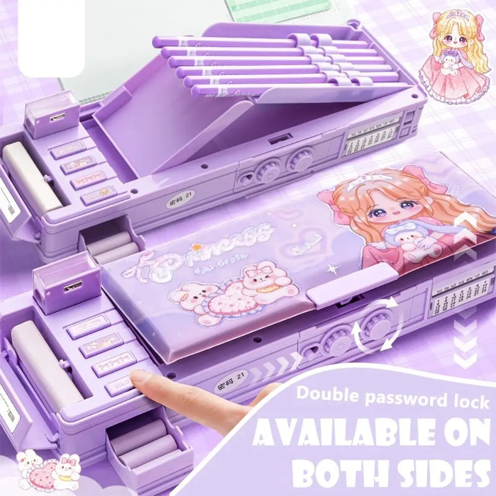 Cartoon Double Layer Pencil Case Large Capacity with Combination Lock Stationery Box Stationery Organizer Back to School Gift