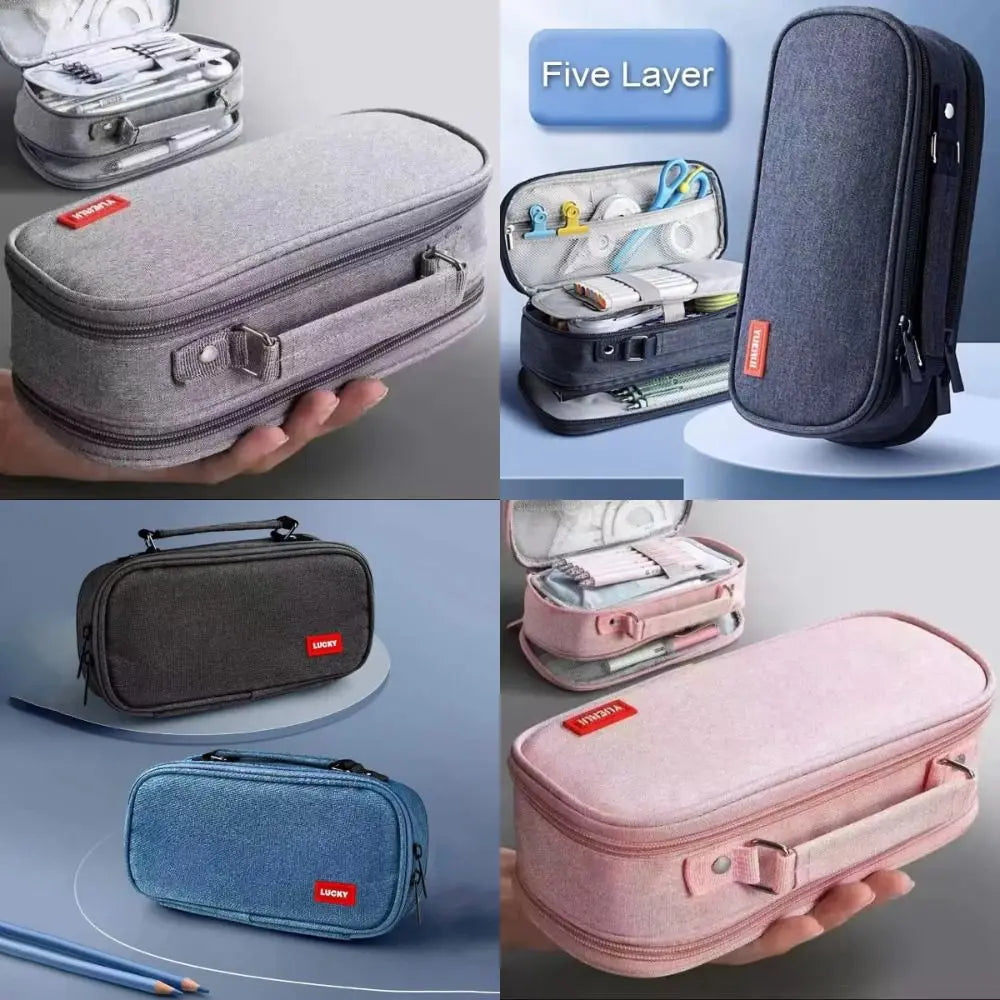Portable Pen Storage Bag Large Capacity Durable Canvas Pencil Case 5 Layer Solid Color Student Stationery Boxes School Supplies