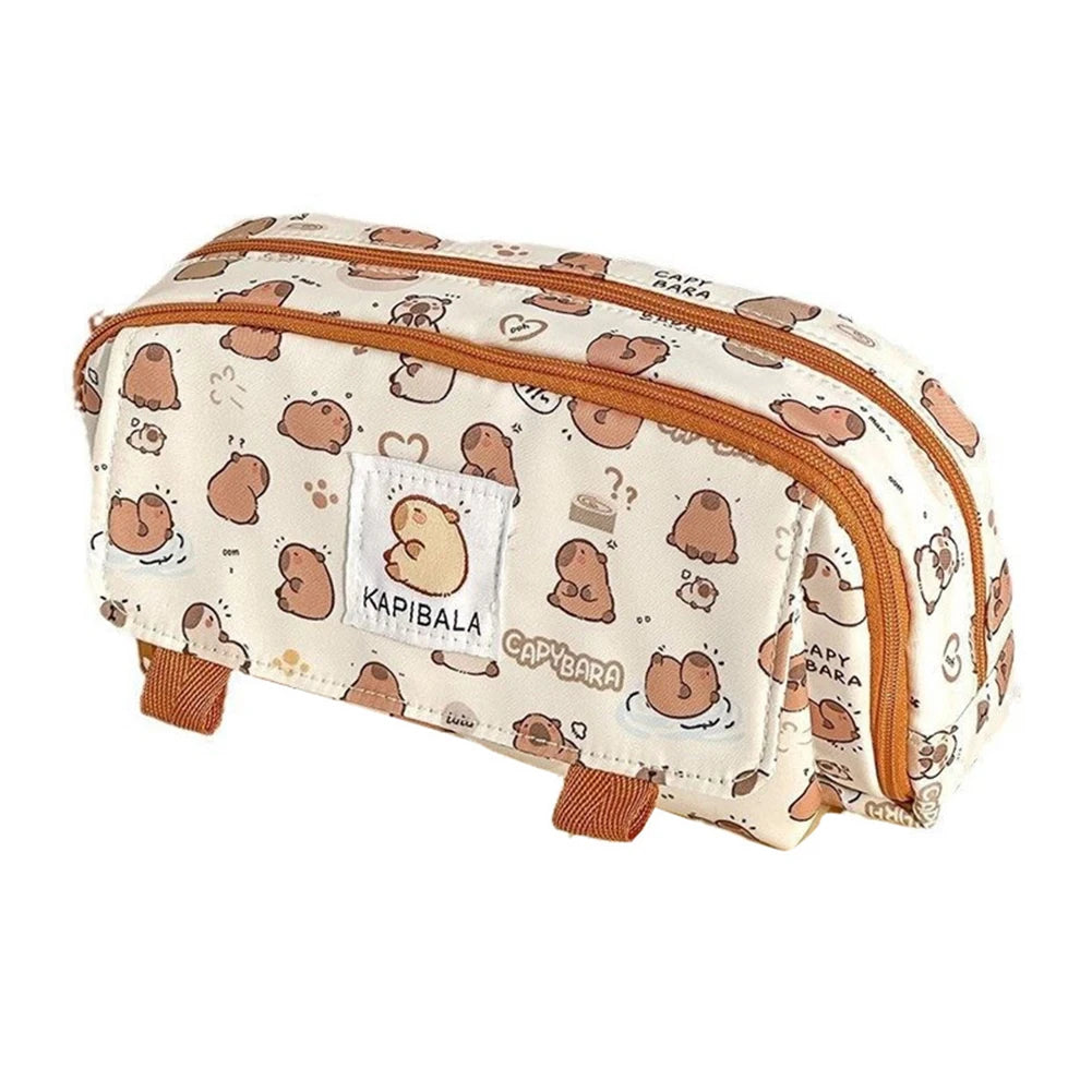 Cute Capybara Four-Layer Pen Bag Cartoon Large Capacity Pencil Case Stationery Organizer Storage Bag Students Stationeries