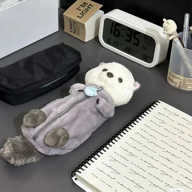 Cartoon Soft Pencil Pouch Pen Bag Makeup Pouch Plush Sea Otter Pencil Case Portable Pen Marker Holder School Supplies