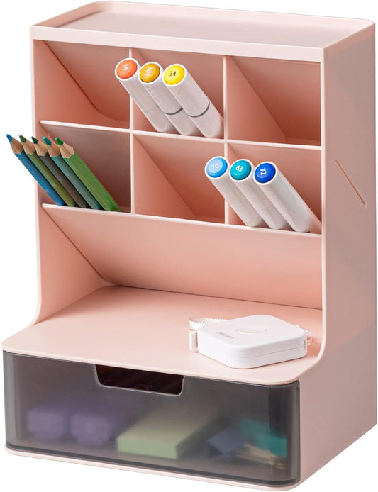 Multi-Functional Plastic Pen Organizer, Pen Holder for Desk, 2 Layer 6 Compartments Desktop Stationary Organizer, Big Capacity Pen Storage Rack for School Home Office Art Supplies