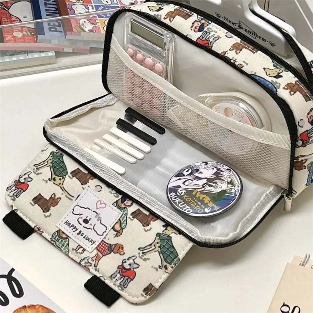 Fashion Cartoon Canvas Pen Bag Cute Cat Flip Cover Pencil Case Portable Large Capacity Retro Puppy Pen Pouch for Student Office