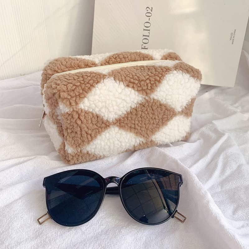 3Pcs Checkered Plush Makeup Bag Terry Cloth Cosmetic Bag Zipper Travel Toiletry Bag Organizer Soft Pencil Pouch Case Makeup Brushes Storage Bag for Women Girlsps