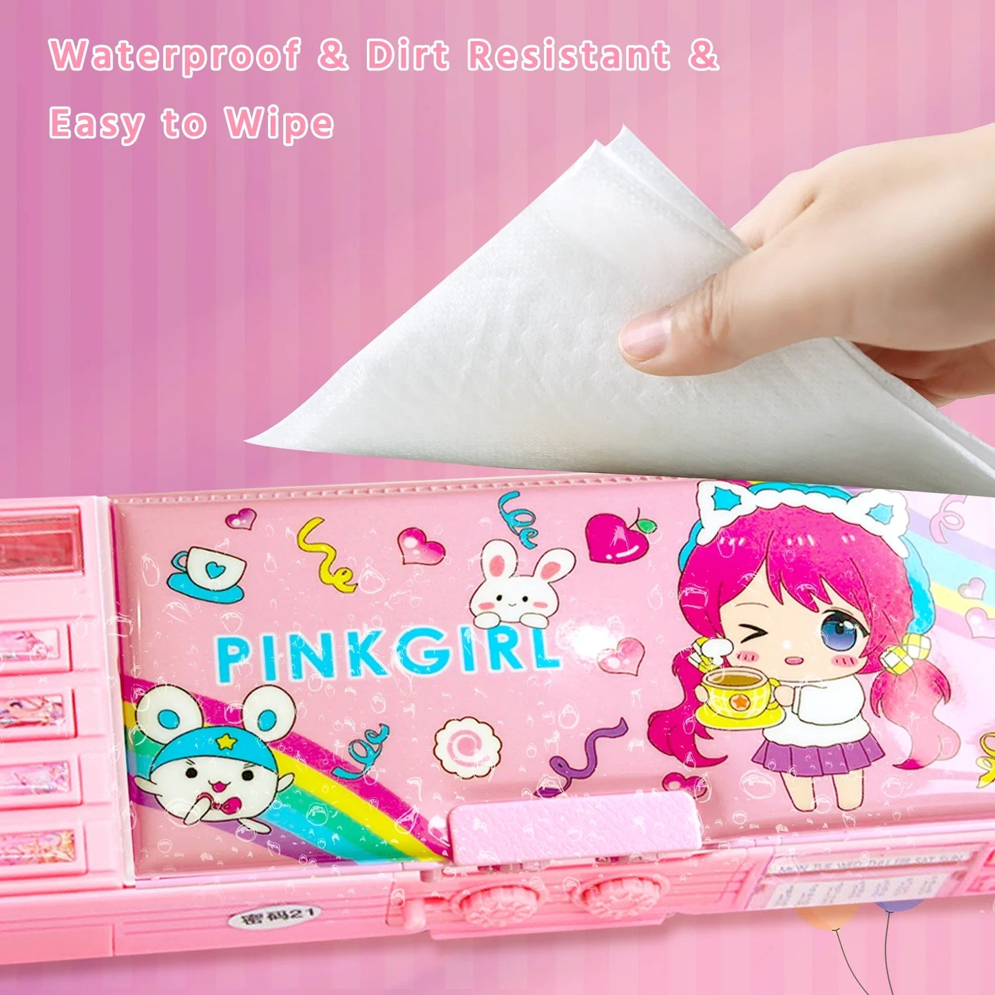 Pop up Multi Function Pencil Case (6-12), Cute Cartoon Pencil Box with Sharpener, Schedule, Whiteboard(Pink-Happy Day, with Password Lock)