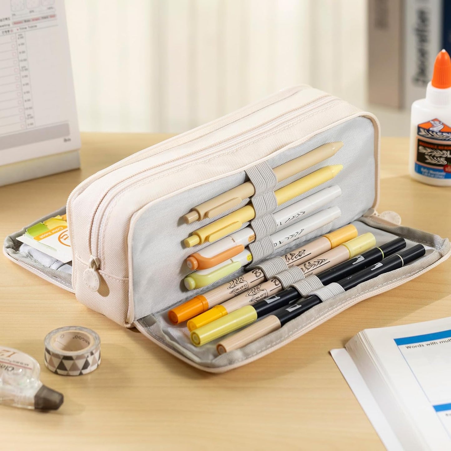 Large Capacity Pencil Case 3 Compartment Pouch Pen Bag for School Teen Girl Boy Men Women (Beige)