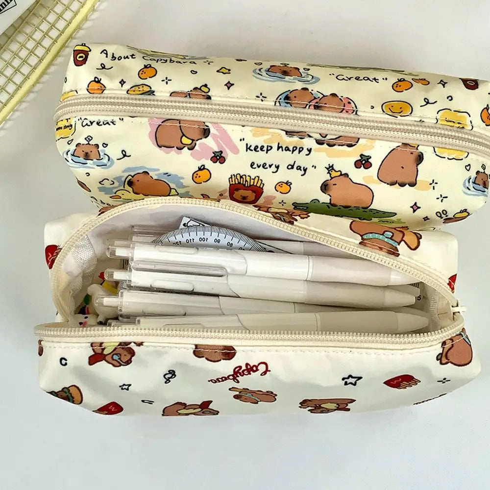 Cute Cartoon Capybara Pen Bag Student Large Capacity Stationery Bag Pencil Case Multifunctional Stationery Organizer for School