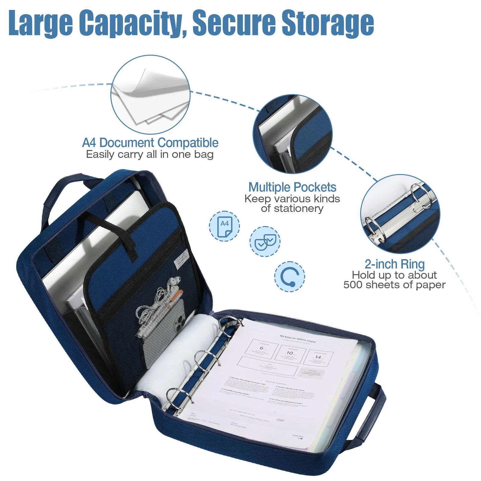 Zipper Binder, 2 Inch 3 Ring 500 Sheet Capacity Multi-Pockets Binder Organizer with Strap Handle, Indigo