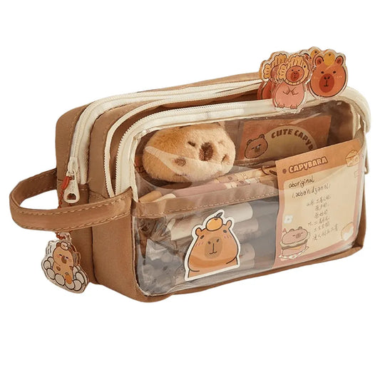 Capybara Kawaii Pencil Case with Compartments Stationary Bag Clear Pen Bag with Sticker Pendant for Office College School