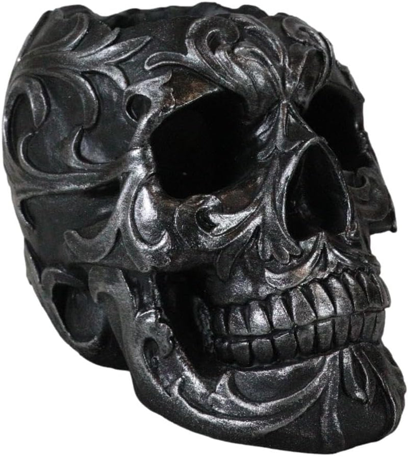Set of 2 Tribal Tattoo Floral Skull Pen Holder Figurine 5.75" L Office Desktop Ossuary Skulls Decor Cranium Skeleton Head Stationery Holder as Halloween Macabre Graveyard Spooky Statue