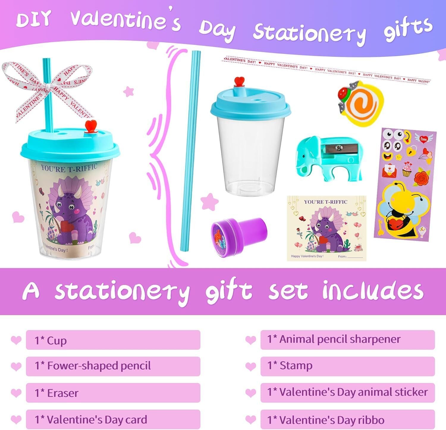 24 Pcs Valentines Day Gifts for Kids Classroom - Valentines Day Stationary Set