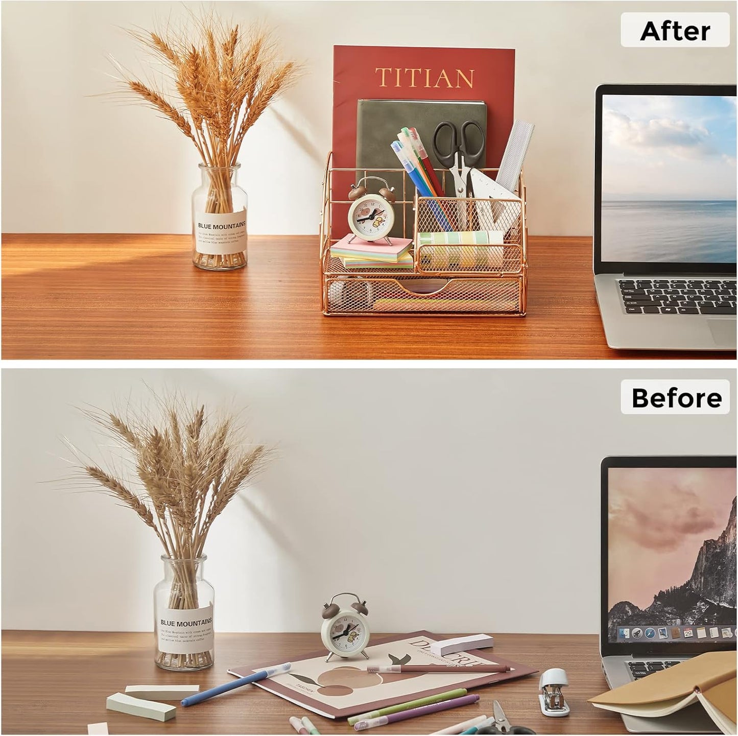 UPGRADE Desk Organizer, Mesh Office Supplies Desk Accessories, Office Desktop Pen Holder Caddy with 5 Compartments and 1 Large Drawer for School Office Bedroom Home (Champagne Gold)