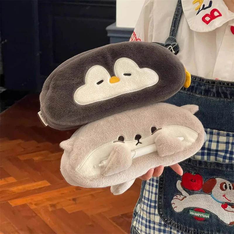 Kawaii Little Otter Penguin Plush Pen Bag Large Capacity Pencil Case Stationery Storage Bag Stationery School Supplies