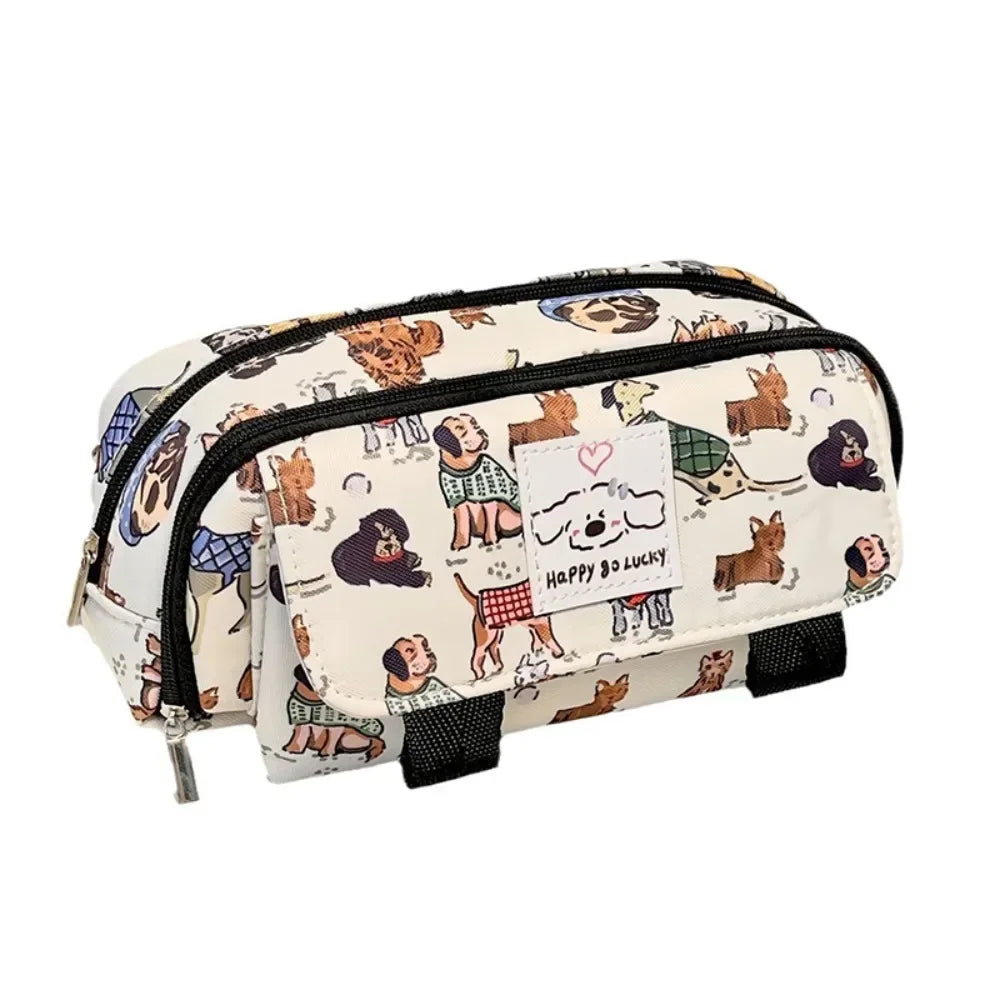 Fashion Cartoon Canvas Pen Bag Cute Cat Flip Cover Pencil Case Portable Large Capacity Retro Puppy Pen Pouch for Student Office