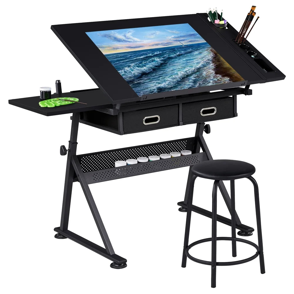 Adjustable Drafting Table with Stool, Black