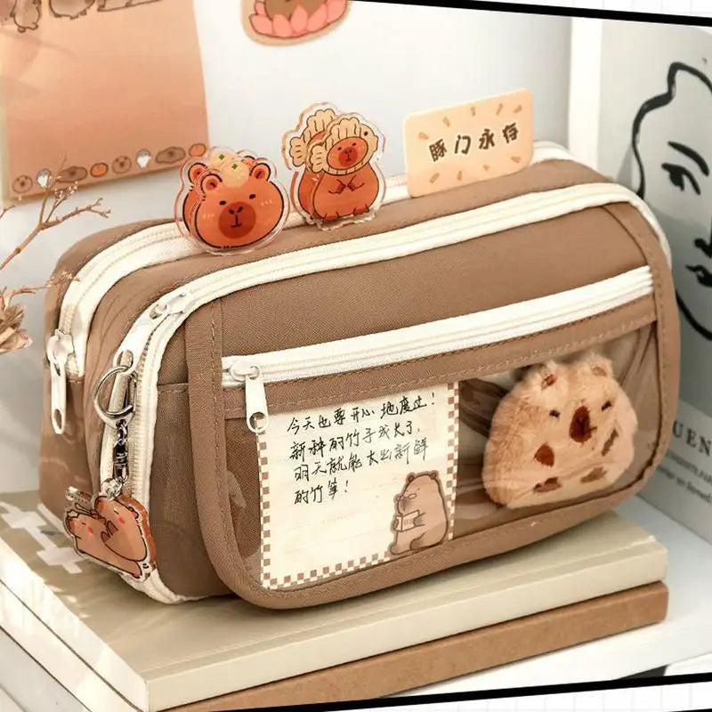 Large Capacity Pencil Case F-Lip Cover Stationery Pencil Bag Simple Capybara Stationery Storage Bag School Office Supplies