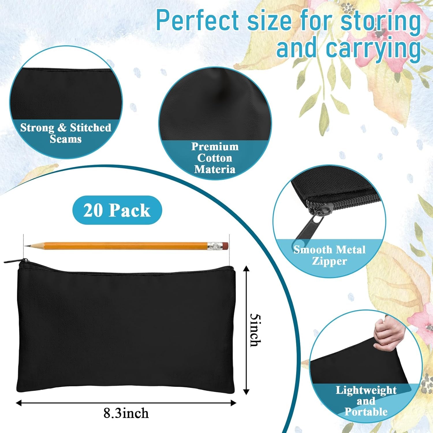 Blank DIY Craft Canvas Pencil Case - Makeup Pouch, Multi-Purpose Travel Toiletry Zipper Bag, Bulk Cosmetic Bags 8.3 5 Inch