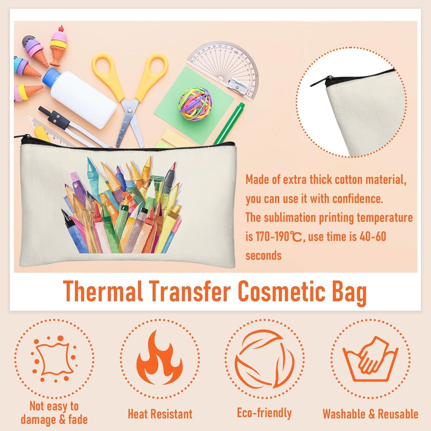 Blank DIY Craft Canvas Pencil Case - Makeup Pouch, Multi-Purpose Travel Toiletry Zipper Bag, Bulk Cosmetic Bags 8.3 5 Inch