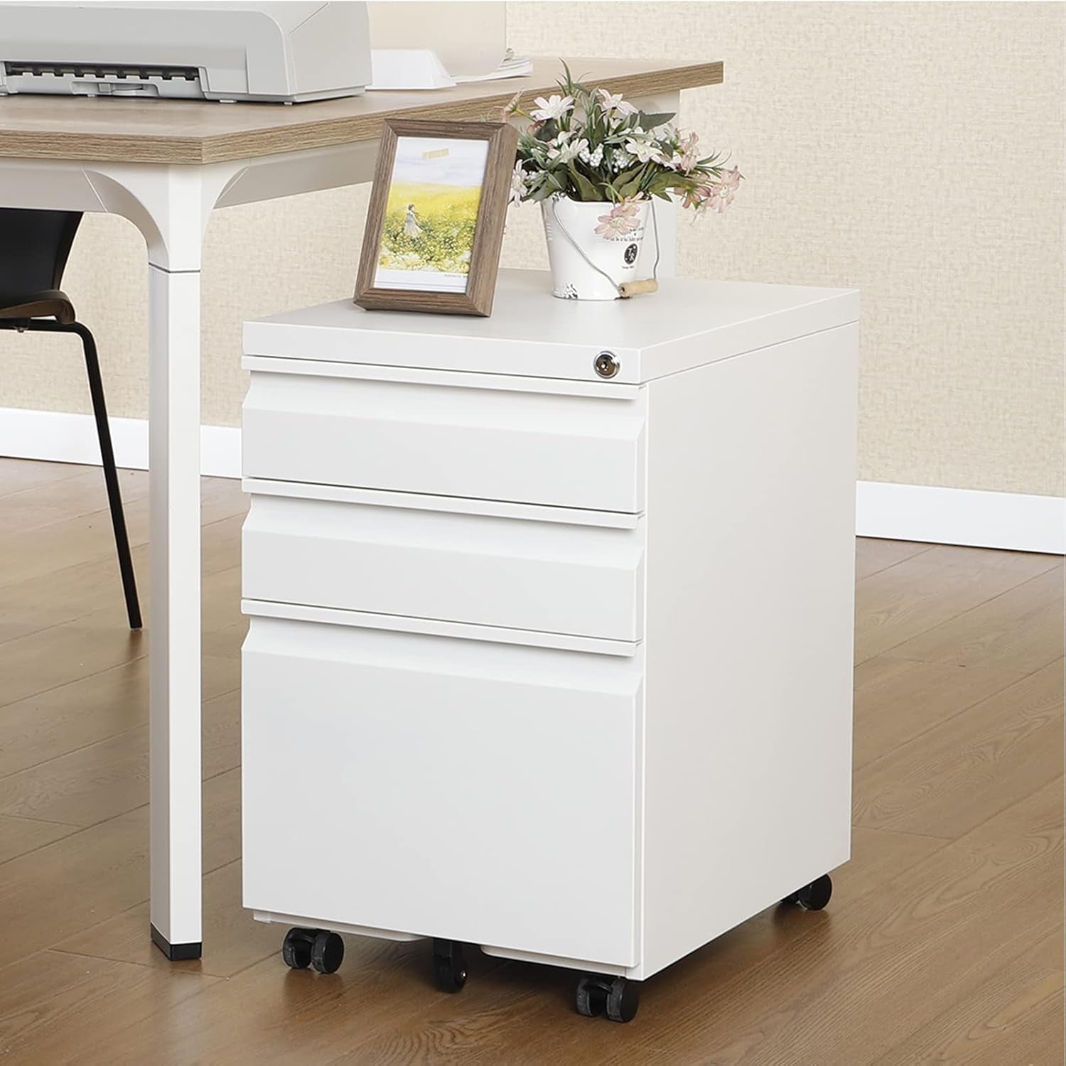 3 Drawer Mobile File Cabinet under Desk,Metal Filing Cabinet with 5 Caster for Letter Size,White 18.81" D X 15.35" W X 24.4" H…