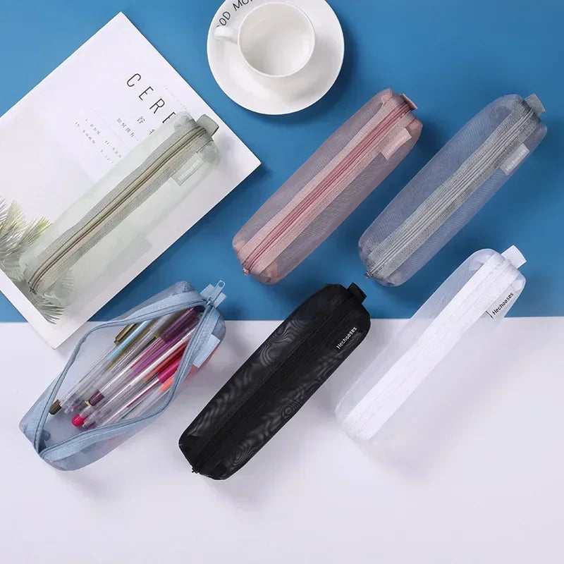 Transparent Stationery Pencil Bag Student Nylon Mesh Pen Case Unisex Large Capacity Pouch School Supplies Stationery Organizer