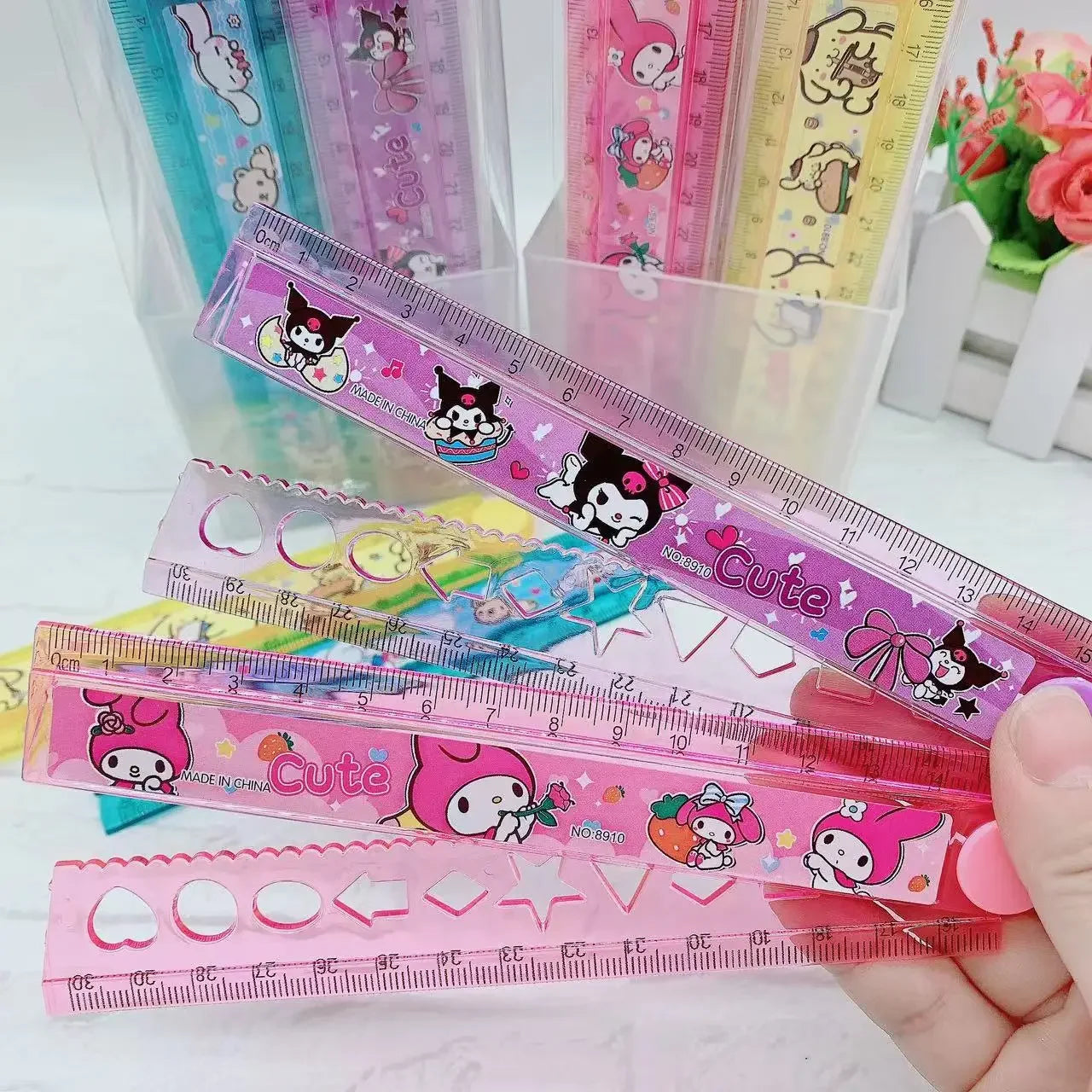 4Pcs Cartoon Kuromi Image Rotating Folding Ruler 30Cm Kawaii Melody Pochacco Student Multi Functional Ruler Stationery