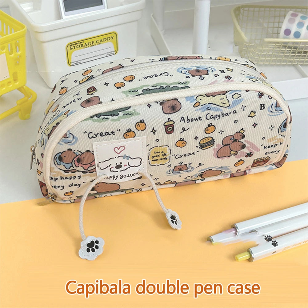 Cute Capybara Four-Layer Pen Bag Cartoon Large Capacity Pencil Case Stationery Organizer Storage Bag Students Stationeries
