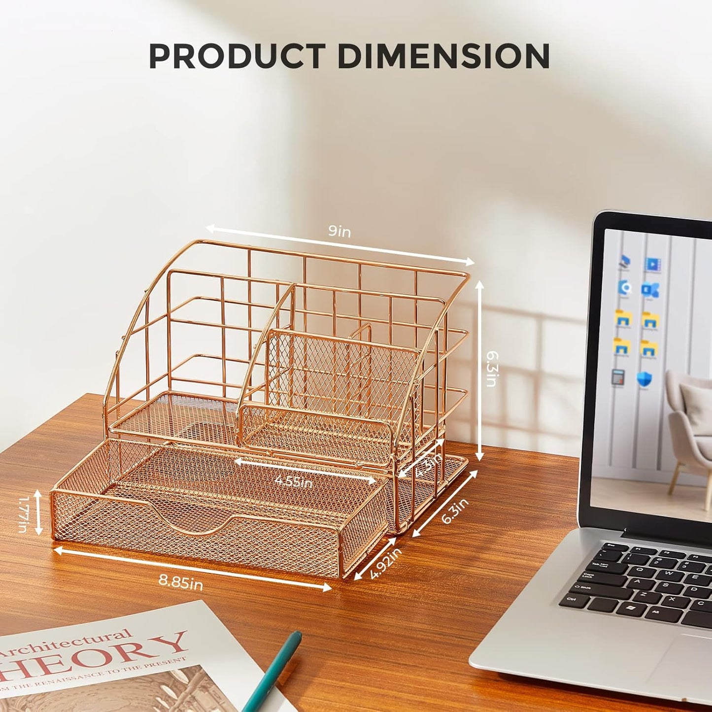 UPGRADE Desk Organizer, Mesh Office Supplies Desk Accessories, Office Desktop Pen Holder Caddy with 5 Compartments and 1 Large Drawer for School Office Bedroom Home (Champagne Gold)