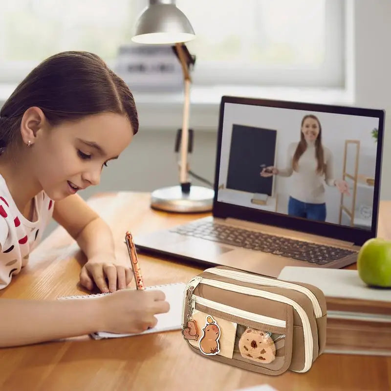 Large Capacity Pencil Case F-Lip Cover Stationery Pencil Bag Simple Capybara Stationery Storage Bag School Office Supplies