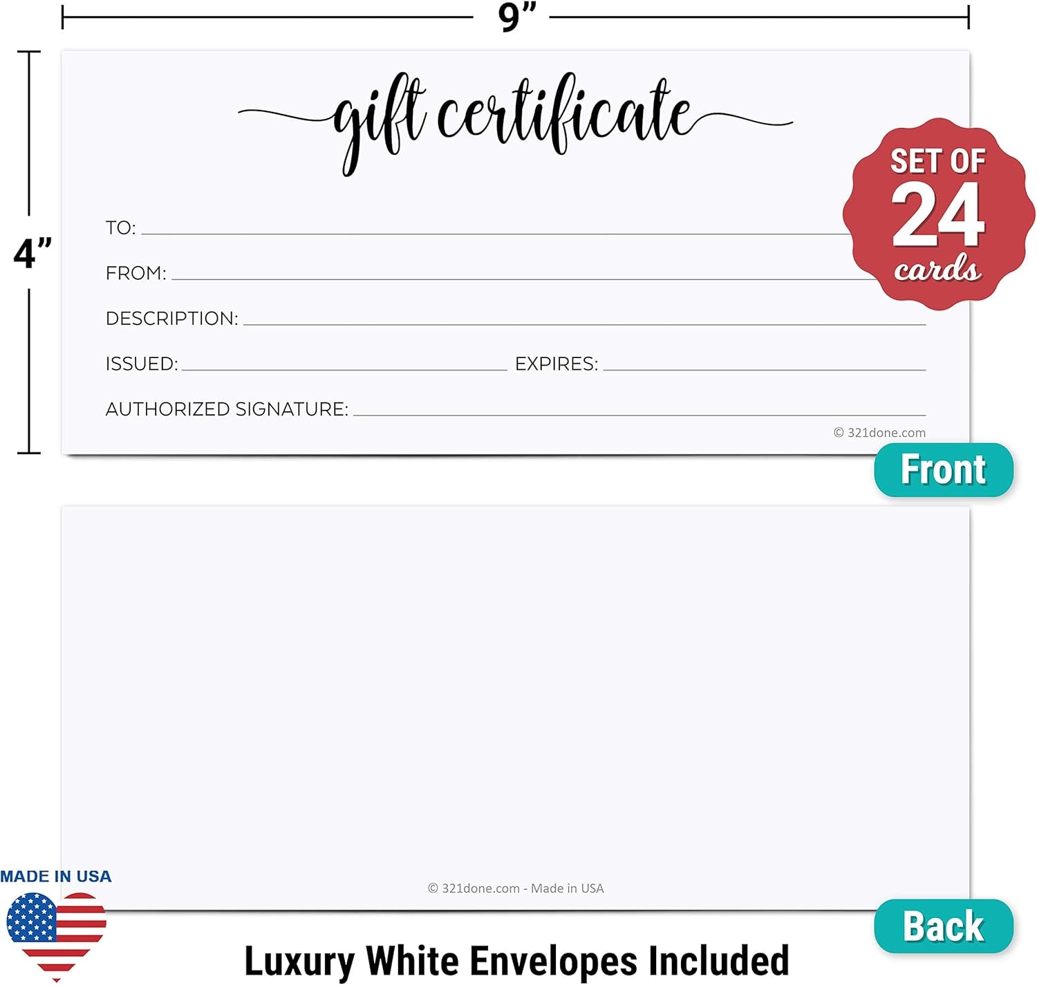 Simple White Blank Gift Certificates with Envelopes (Pack of 24) 4X9 Inches for Small Business, Holiday, Christmas Voucher, Spa, Salon - Minimalist Script - Made in USA