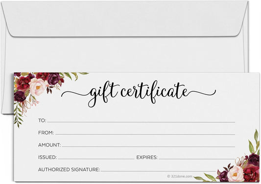 Floral Blank Gift Certificates (Set of 24 and Envelopes) 4X9 for Small Business, Holiday, Christmas Voucher, Spa, Salon - Rustic Red Roses White - Made in USA