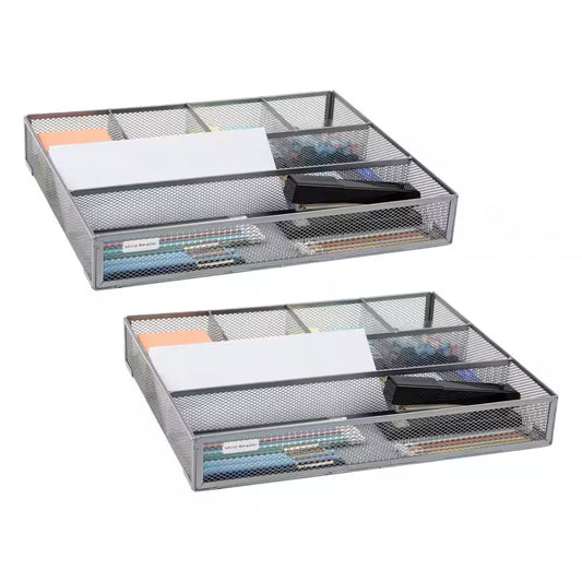 15 In. L X 12 In. W X 2.25 In. H Drawer Organizer Desk Organizer Utensil Organizer, Silver (2-Pack)