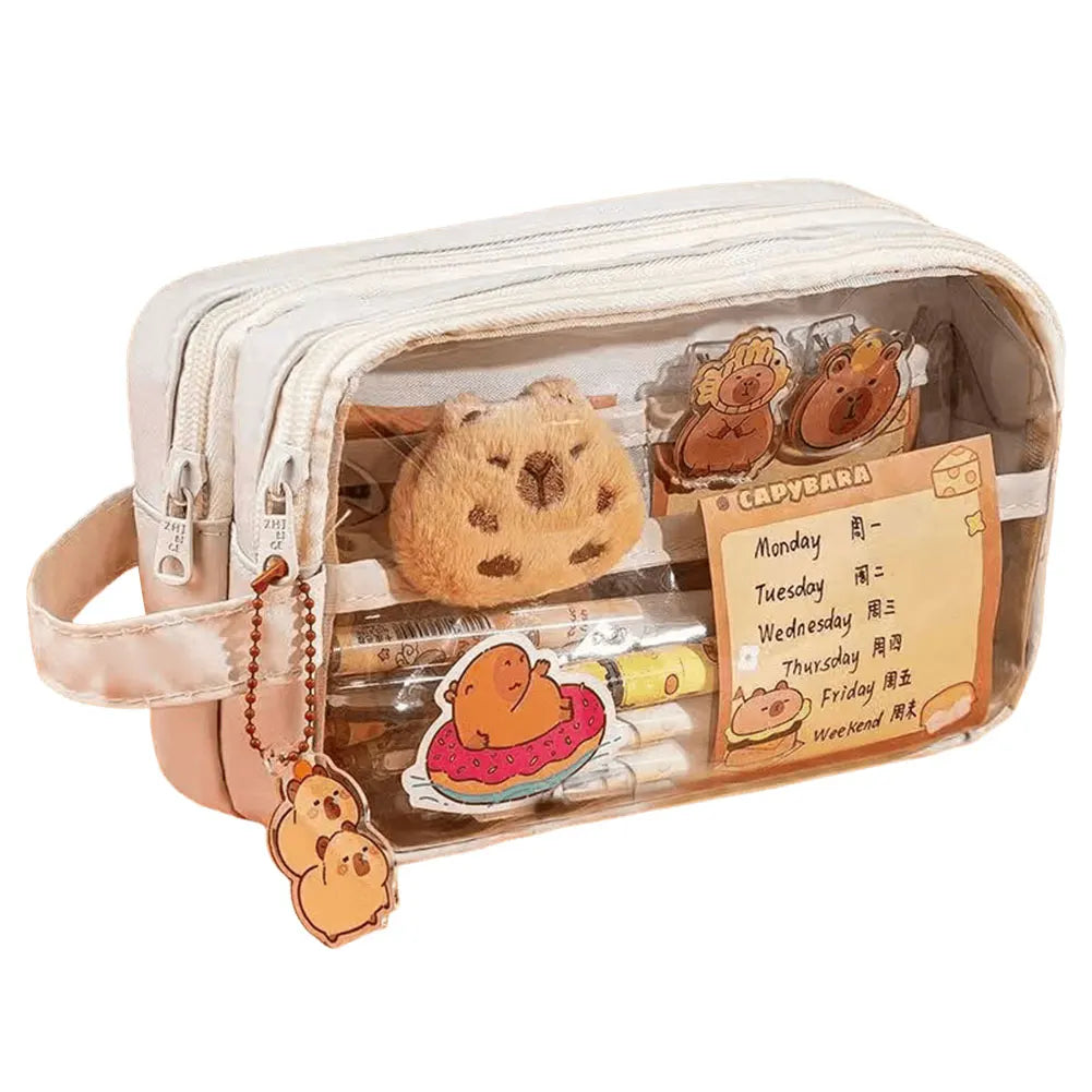 Capybara Kawaii Pencil Case with Compartments Stationary Bag Clear Pen Bag with Sticker Pendant for Office College School