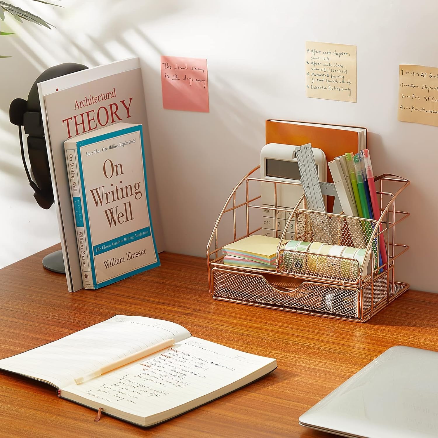 UPGRADE Desk Organizer, Mesh Office Supplies Desk Accessories, Office Desktop Pen Holder Caddy with 5 Compartments and 1 Large Drawer for School Office Bedroom Home (Champagne Gold)