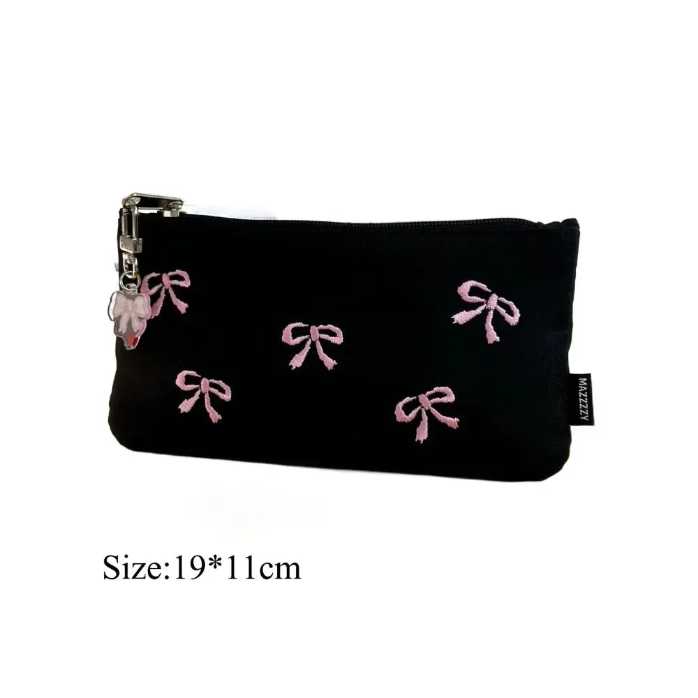 1PC Black Canvas Pen Bags Girl Heart Embroidered Bow Pencil Case Stationery Bag Cosmetics Storage Bag Pencil Case