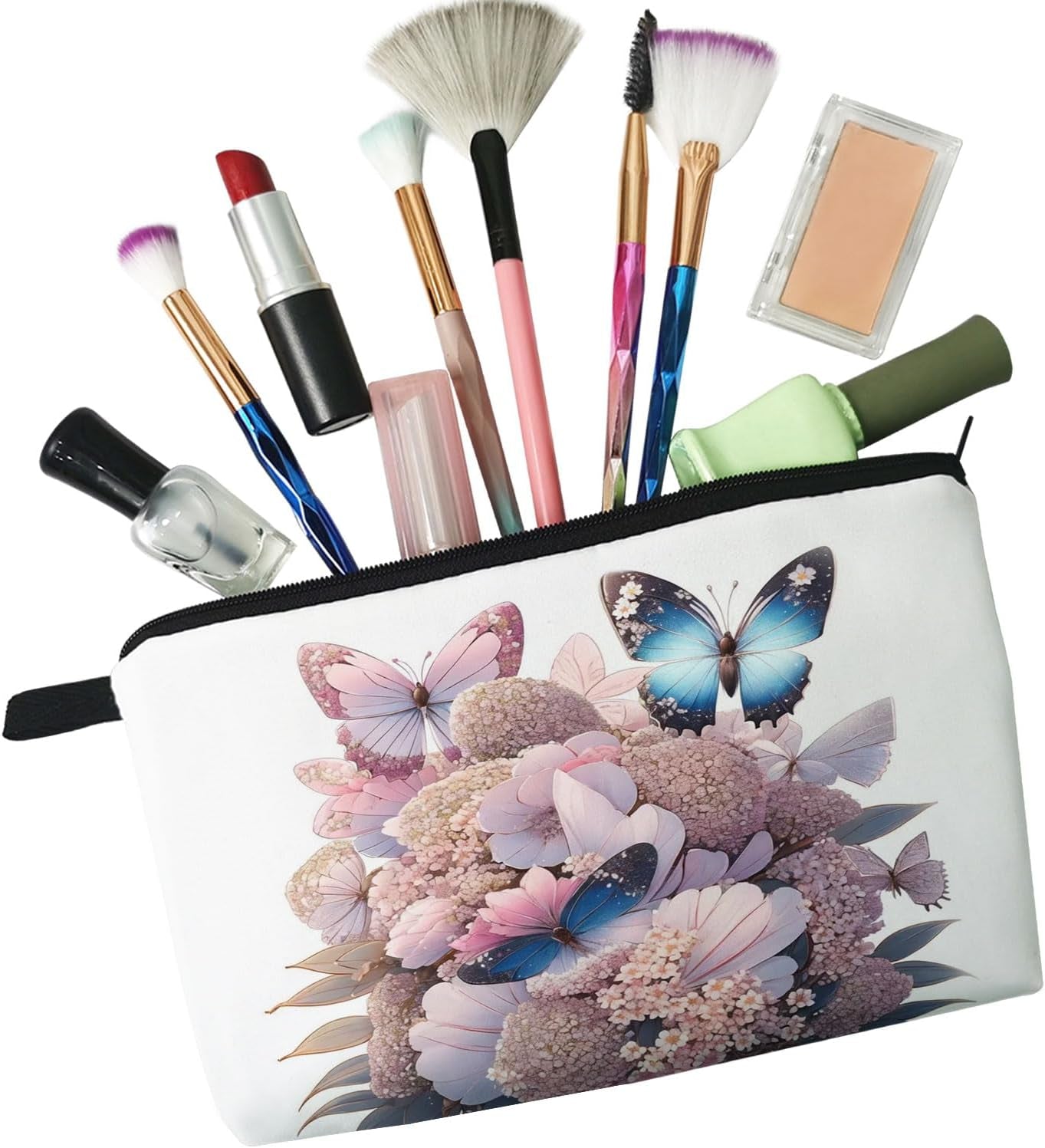 Butterfly Pink Floral Cosmetic Bag Cute Small Makeup Organizer Pouch with Zipper Butterfly Floral Hydrangea Toiletry Makeup Bag Aesthetic Presents for Butterfly Lovers Women