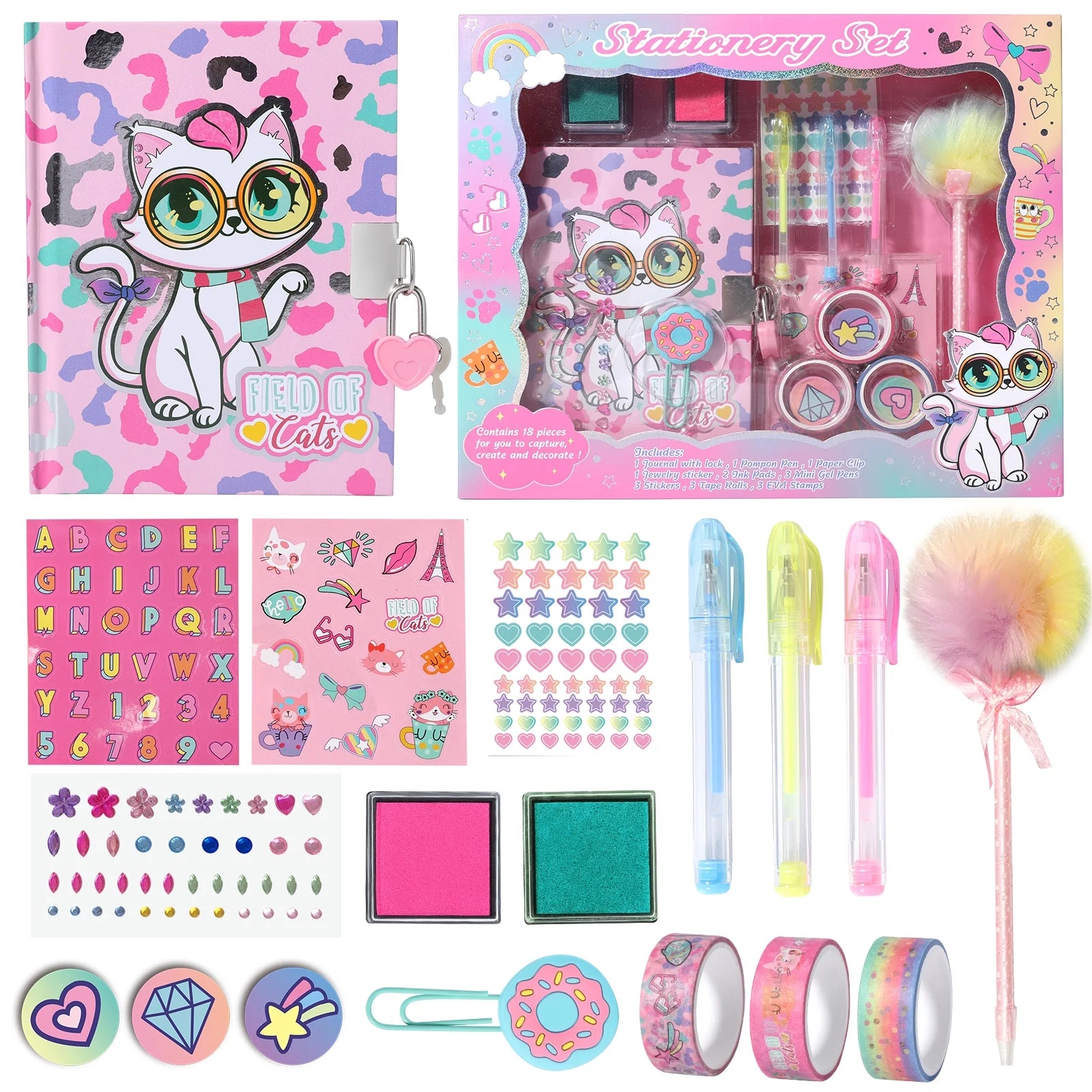 Cat Diary Set with Lock and Keys, Kitten Stationery Set with Stamps Stickers Pens Notebook Journal Kit Gift for Easter