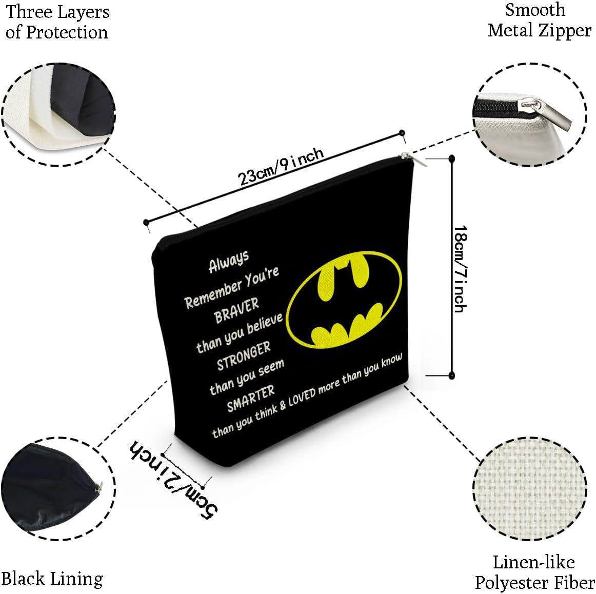 Bat Movie Makeup Bag Bat Classic Logo Gift Black Organizer Bag You Are Stronger Smarter than You Think Bat Toiletry Zipper Pouch Bat Cosmetic Bag Gift for Movie Fans Women