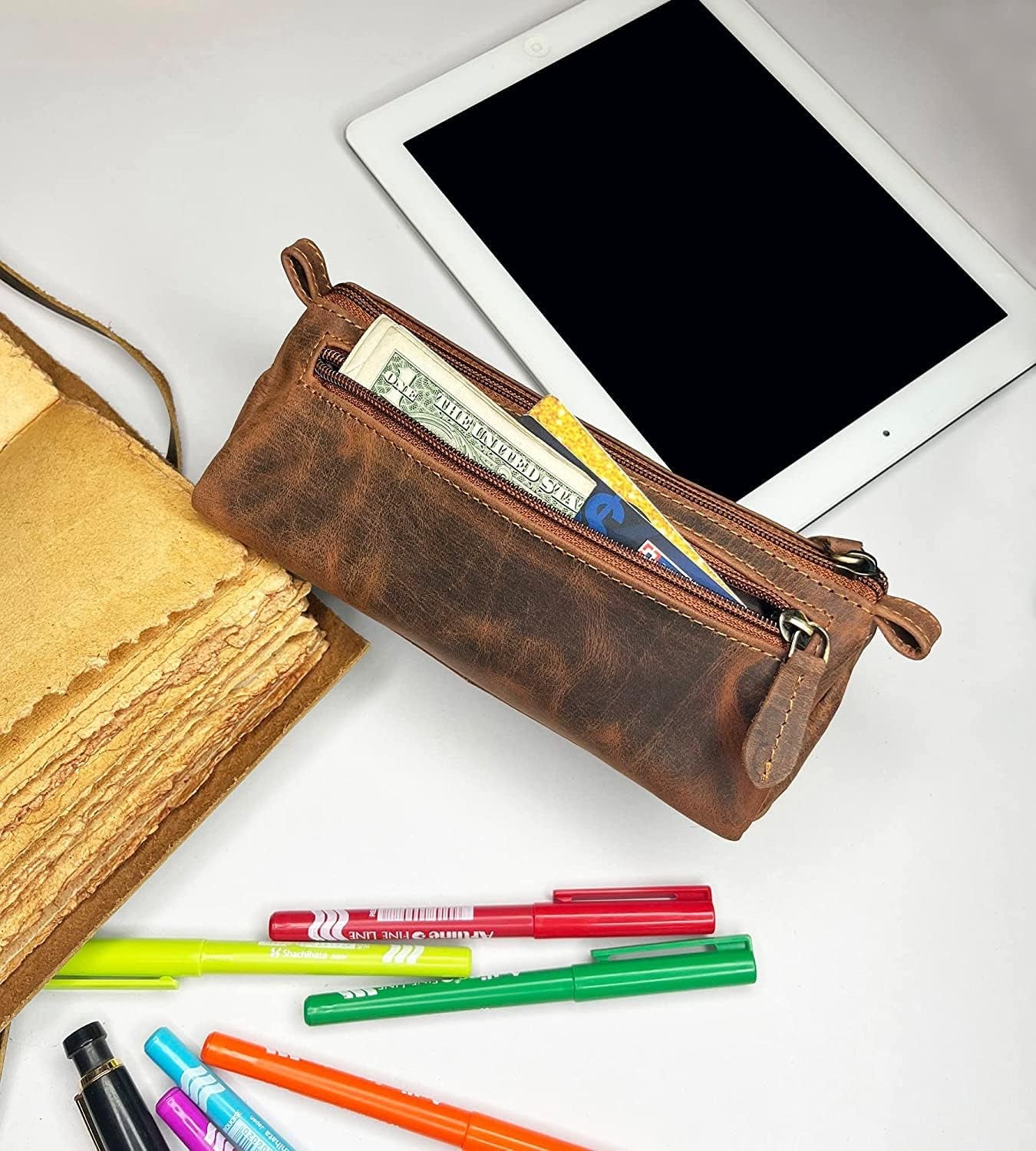 Leather Pencil Case - Full Grain Leather Zippered Pen Pouch - Stationery Bag Pen Holder for Work & Office