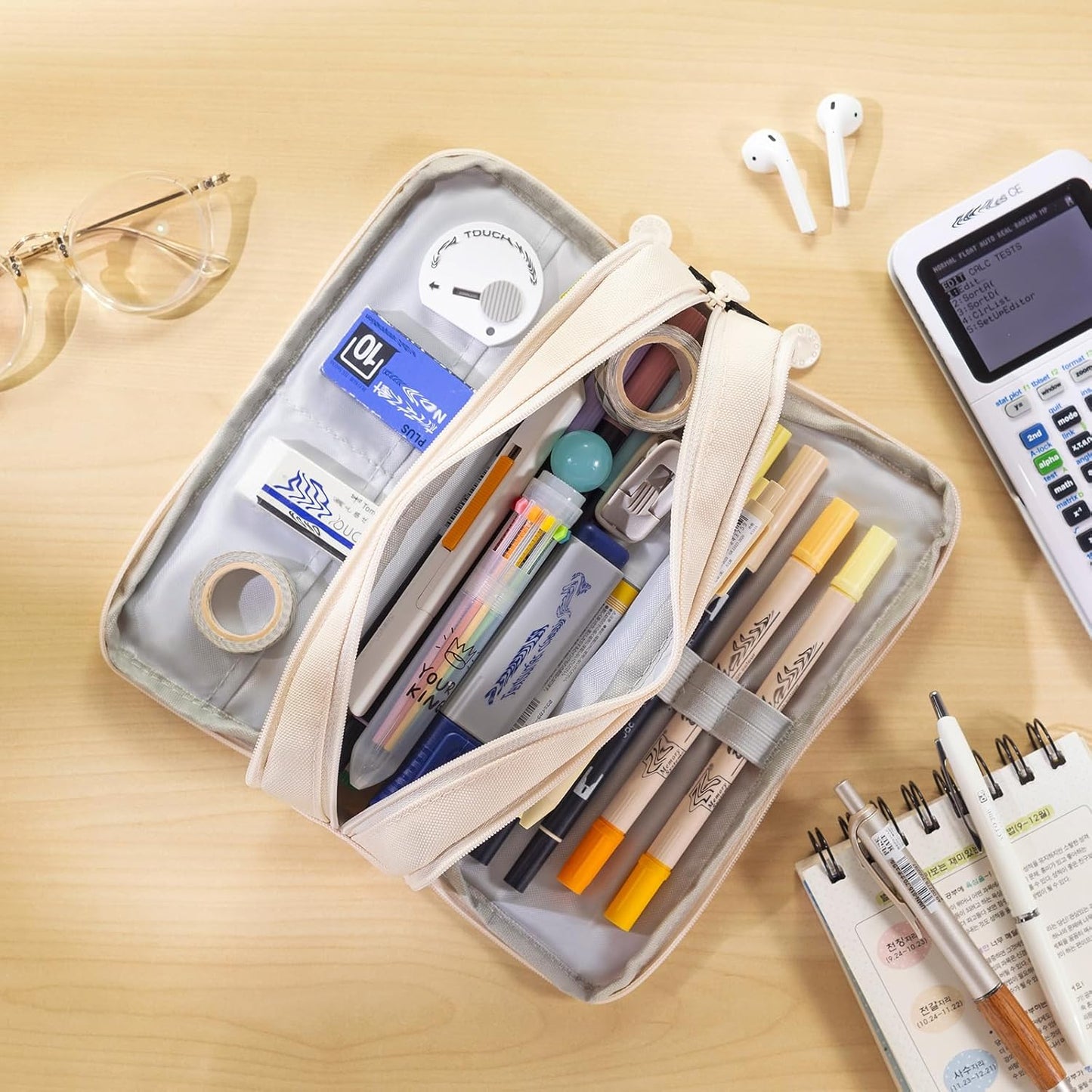 Large Capacity Pencil Case 3 Compartment Pouch Pen Bag for School Teen Girl Boy Men Women (Beige)