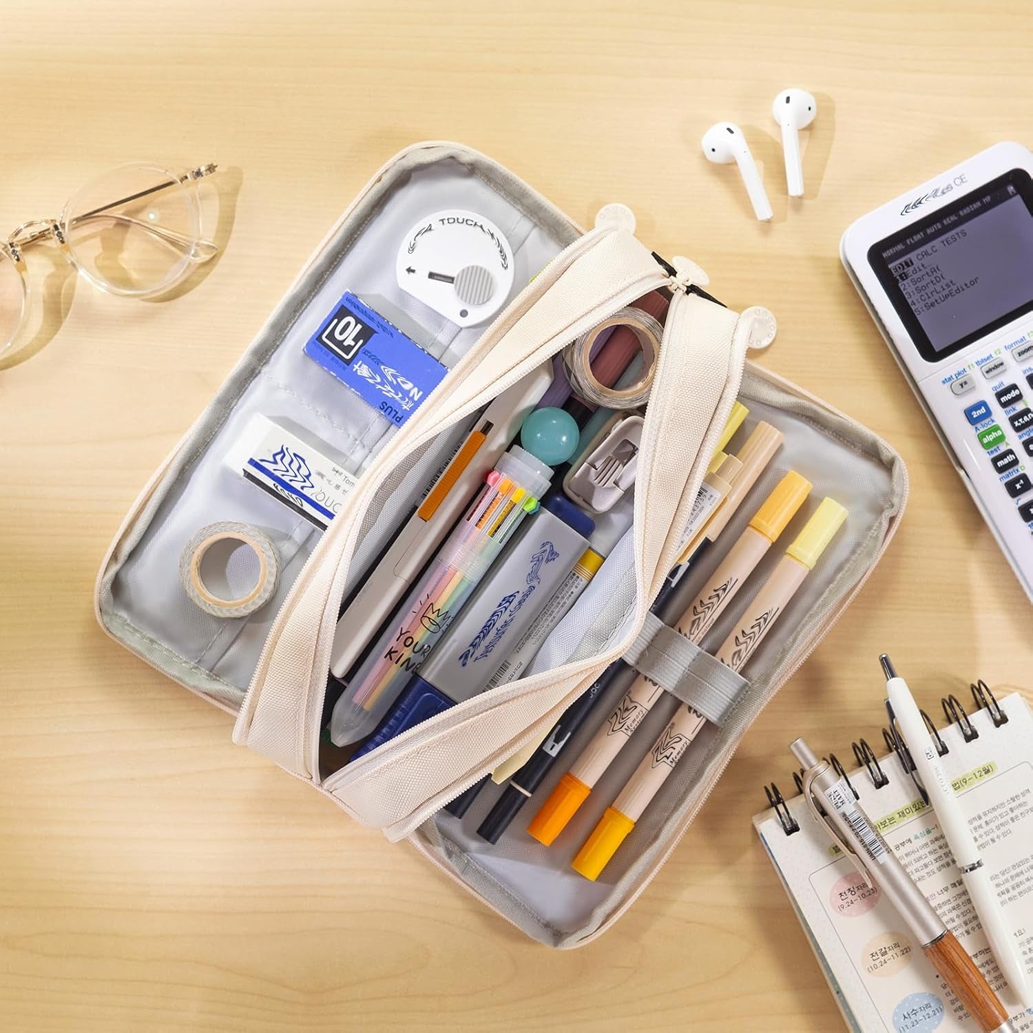 Large Capacity Pencil Case 3 Compartment Pouch Pen Bag for School Teen Girl Boy Men Women (Beige)