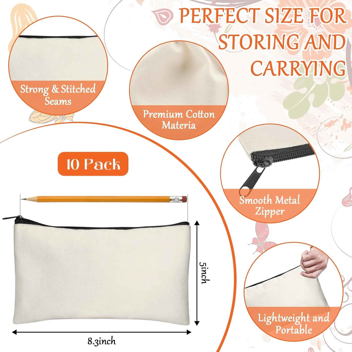 Blank DIY Craft Canvas Pencil Case - Makeup Pouch, Multi-Purpose Travel Toiletry Zipper Bag, Bulk Cosmetic Bags 8.3 5 Inch