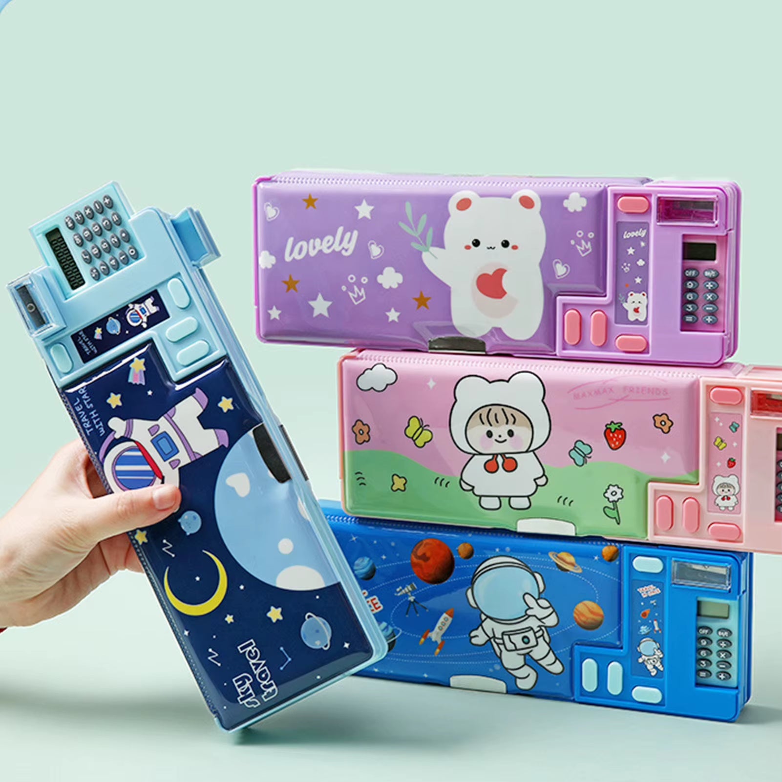 Pencil Cases Stationery Supplies School Cute Cartoon Universe Large Capacity Mulfunction with Calculator and Pencil Sharpener