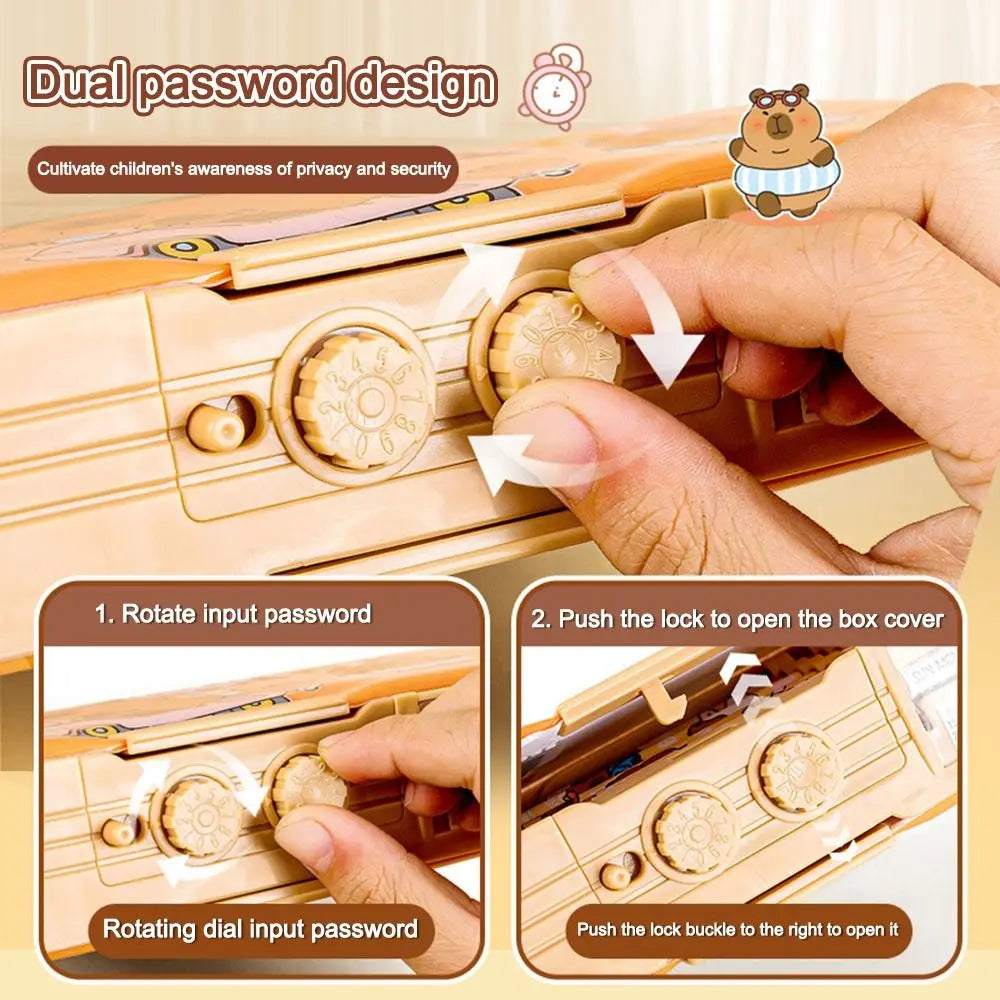 Multifunctional Capibara Pencil Case Large Capacity Password Lock Stationery Box Double Layer High-Tech Pen Box NO Stationery
