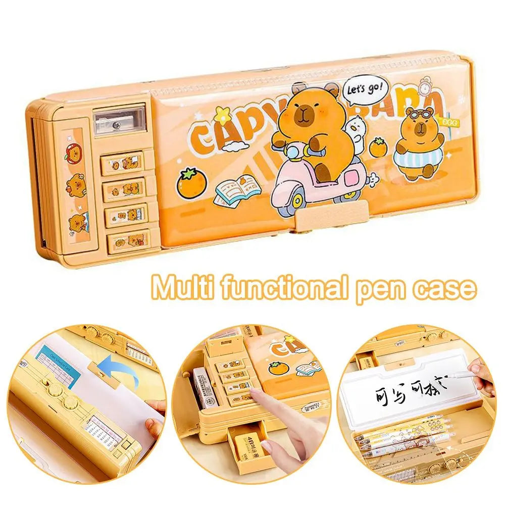 Multifunctional Capibara Pencil Case Large Capacity Password Lock Stationery Box Double Layer High-Tech Pen Box NO Stationery