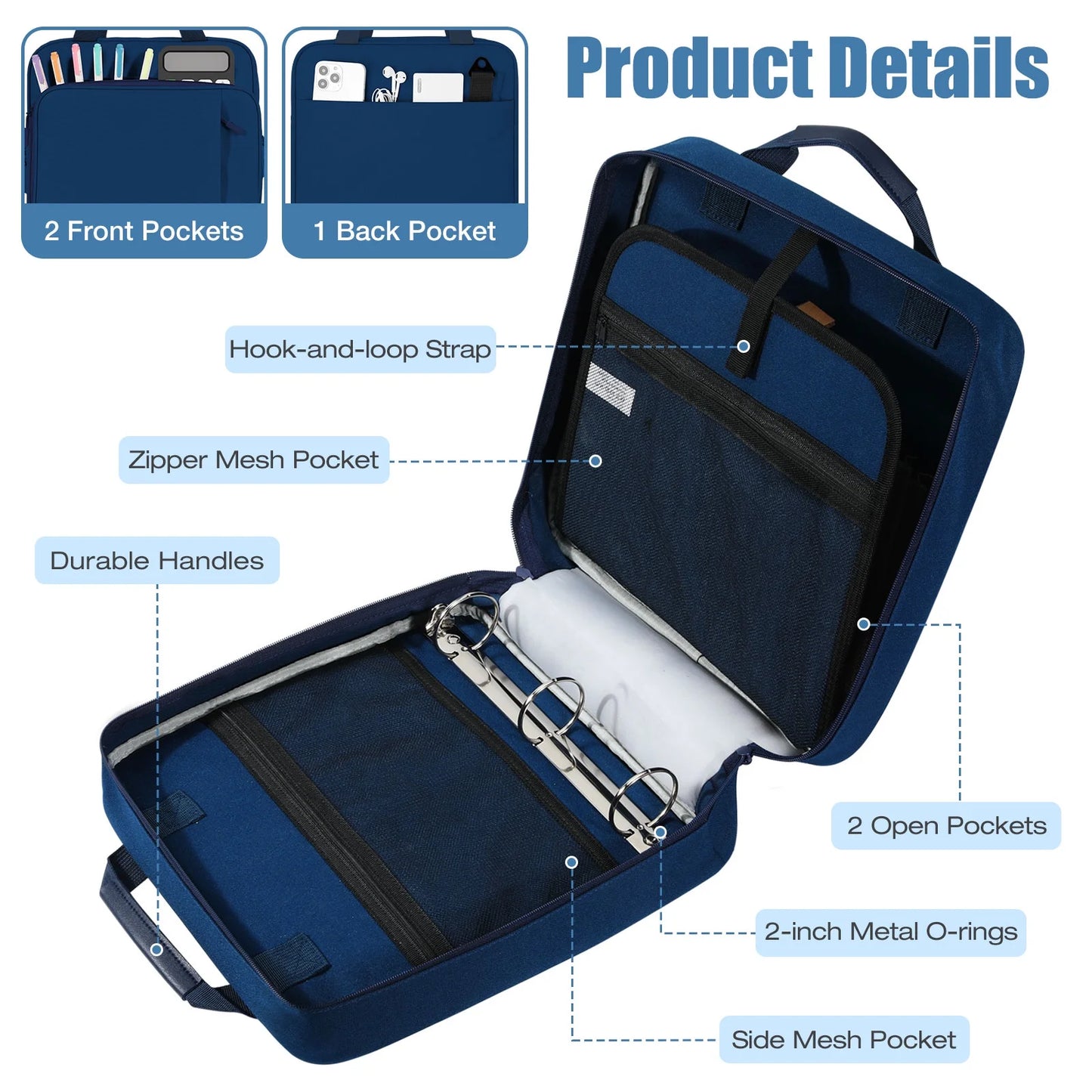 Zipper Binder, 2 Inch 3 Ring 500 Sheet Capacity Multi-Pockets Binder Organizer with Strap Handle, Indigo