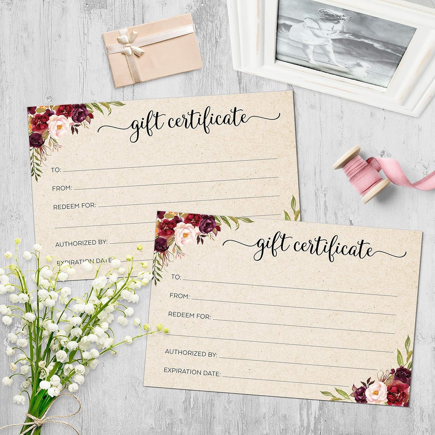 Blank Floral Gift Certificates with Envelopes, 4X6 Tan - Made in USA, Generic Fill-In Vouchers for Small Business, Spa, Salon, Birthday Coupon, Work Gift Cards - Set of 24
