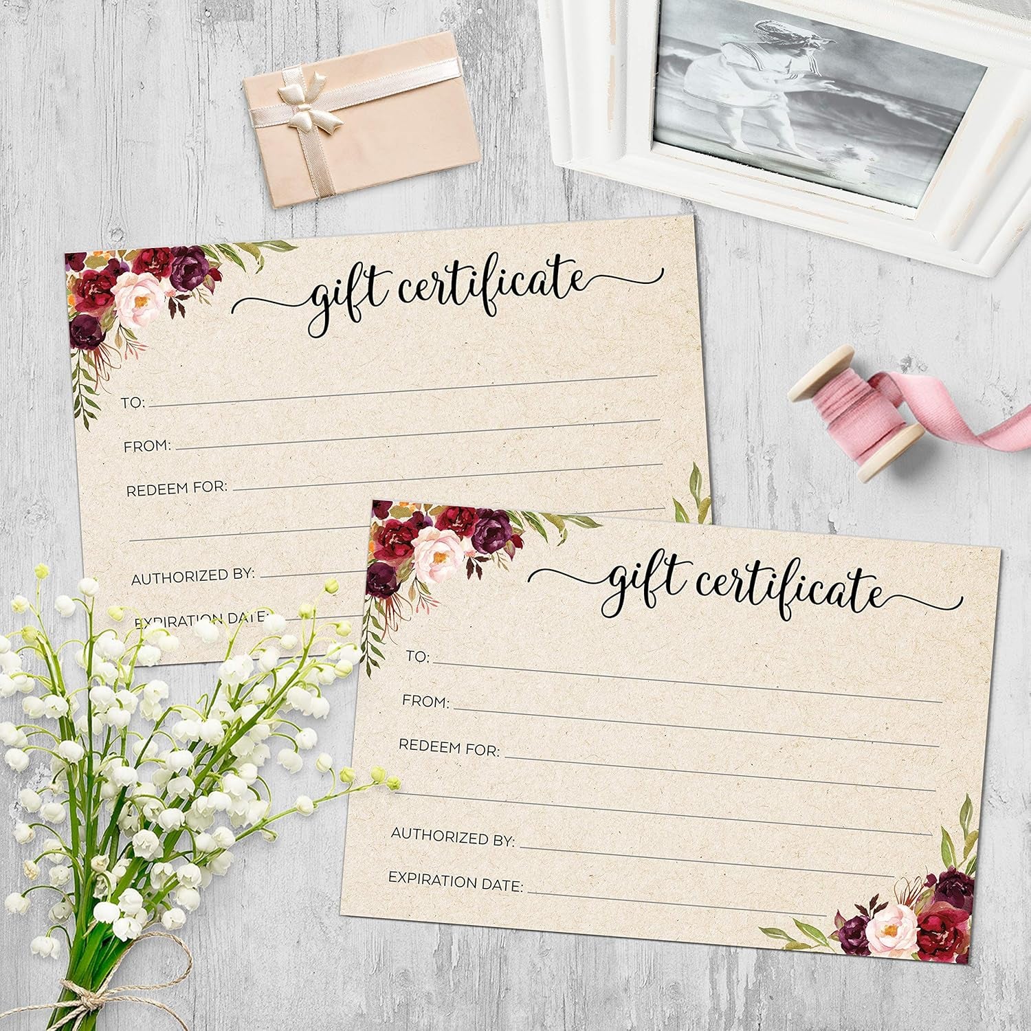 Blank Floral Gift Certificates with Envelopes, 4X6 Tan - Made in USA, Generic Fill-In Vouchers for Small Business, Spa, Salon, Birthday Coupon, Work Gift Cards - Set of 24