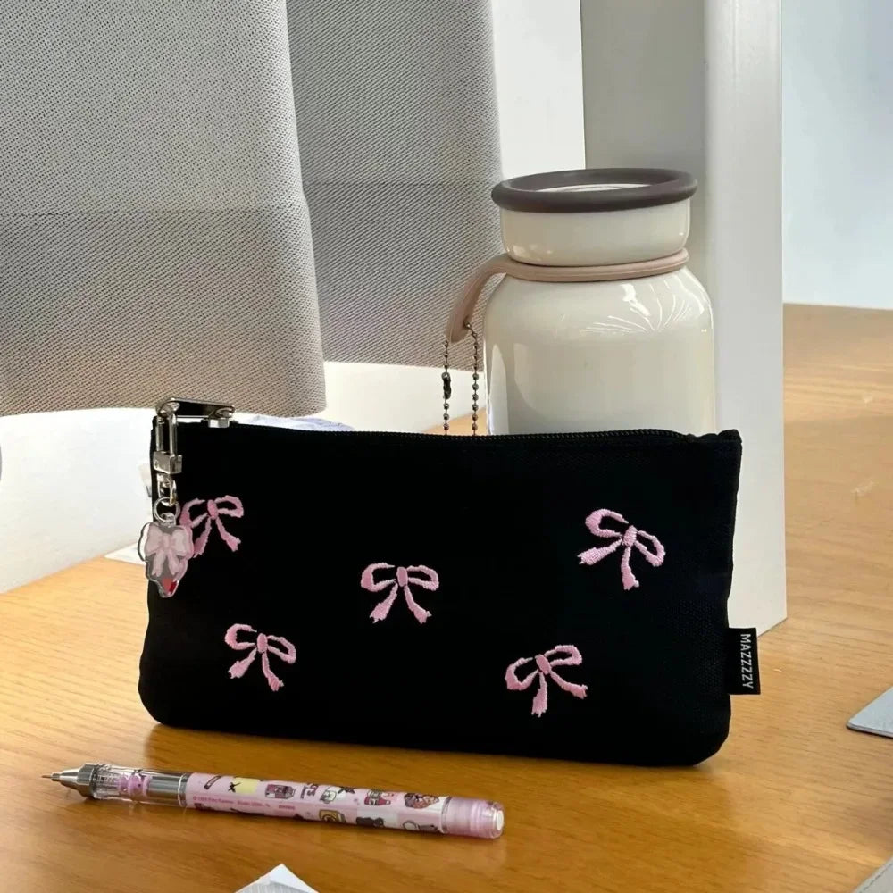 1PC Black Canvas Pen Bags Girl Heart Embroidered Bow Pencil Case Stationery Bag Cosmetics Storage Bag Pencil Case